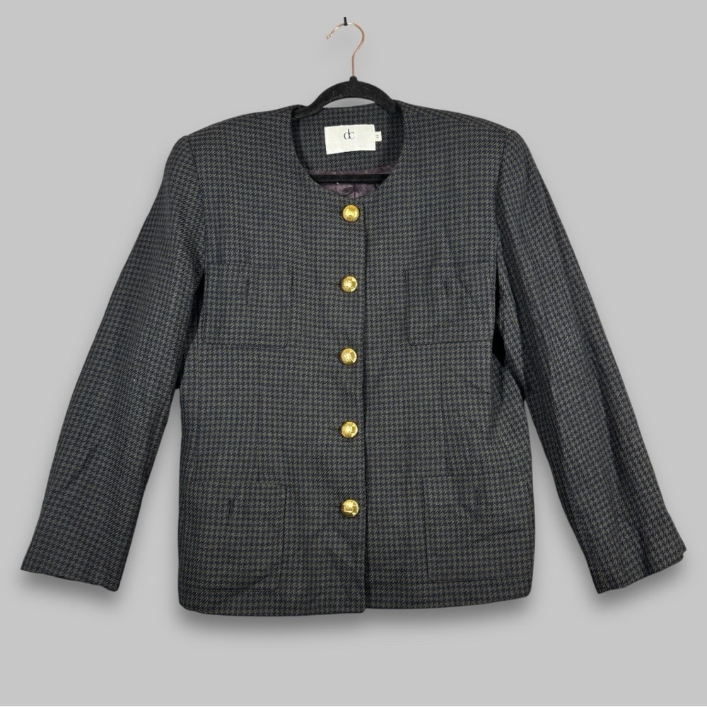 Vintage Devonshire Cream Gold Buttons Wool Houndstooth Boxy Blazer Size 14